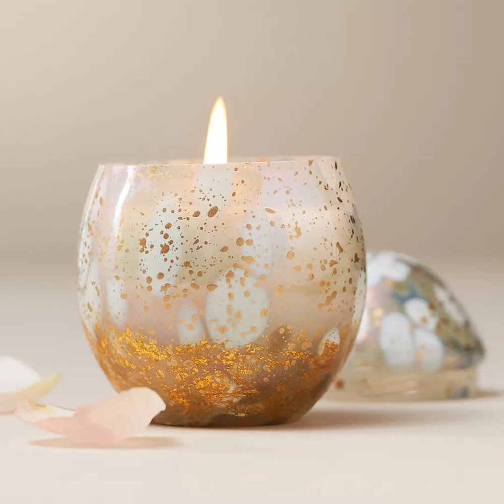 NEW Cheena Egg Fruity Peach Chamomile Glass Candle, White/Gold, by Anthropologie